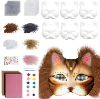 Set van 6 DIY Kat Maskers van Wit Papier, Creatieve Schildermaskers voor Kinderen, Carnaval en Themadagen