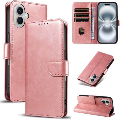 Bookcase Hoesje Geschikt voor iphone 16 – Luxe PU Kalfsleer Telefoonhoes – Portemonnee Hoesje met Kaartvakken, Contant Geldvak, Magneetsluiting & Standaardfunctie - Rosegoud
