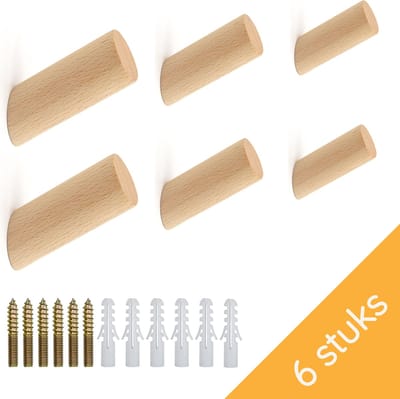 Homium Houten wandhaken - Beuken - 6 stuks - 8 cm - Kapstokhaak - Jashaak - Handdoekhaak