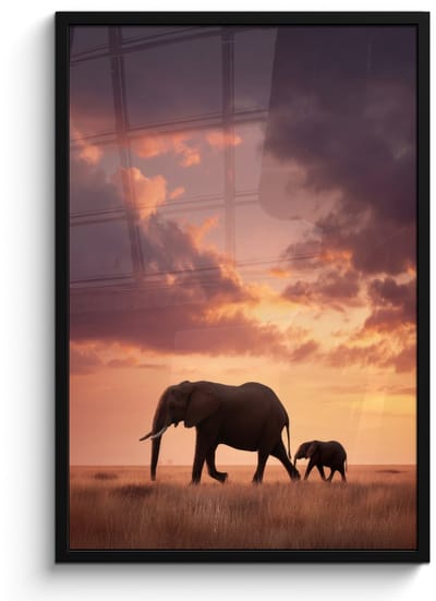 Poster in lijst - Fotolijst 60x90 cm - Posters - Olifanten - Grasland - Zonsondergang - Posterlijst zwart - Decoratie - Wanddecoratie woonkamer - Muurdecoratie slaapkamer