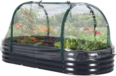 Verhoogd tuinbed - Voor groenten kweken in de tuin - Met deksel en ritssluiting - Gegalvaniseerd staal, ovaal - Grijs-180x90x30cm