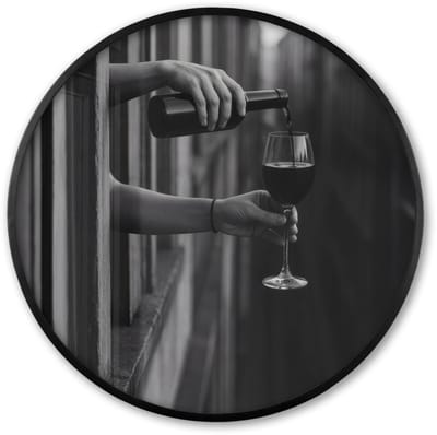 Poster in lijst Rond - Fotolijst 60x60 cm - Posters - Wijnfles - Glas - Handen - Raam - Ronde posterlijst zwart - Decoratie - Wanddecoratie woonkamer - Muurdecoratie slaapkamer
