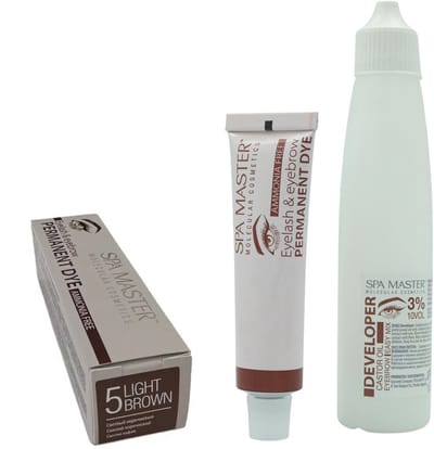Spa Master Eyelash & Eyebrow Permanent Dye Light Brown + Developer 3% – Wenkbrauwverf & Wimperverf Set Lichtbruin – Professioneel & Ammoniakvrij – Inclusief Castor Olie – 20ml + 60ml