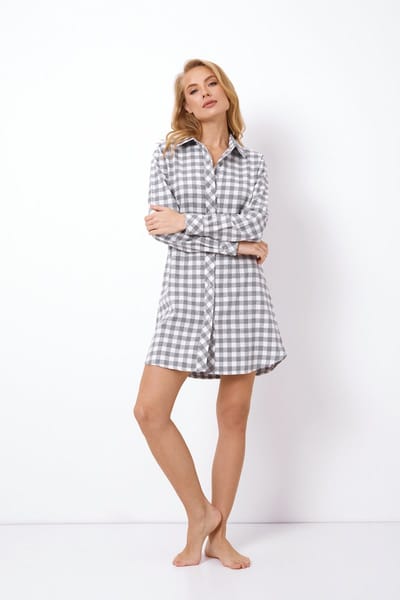 Dames nachthemd Stacy-geruit-lange mouw-klassieke kraag-100% katoen-grijs/wit-maat S