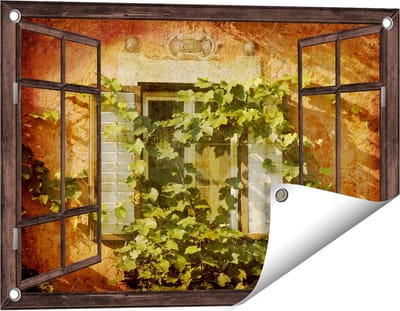 Gards Tuinposter Doorkijk Raam met Luiken - 60x40 cm - Tuindoek - Tuindecoratie - Wanddecoratie buiten - Tuinschilderij