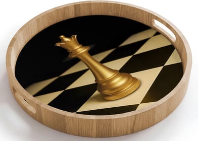 Dienblad rond 40x40 cm - Schootdienblad hout - Koningin - Schaakstuk - Geblokt - Goud - Borrelplank rechthoek - Plateau houten dienbladen