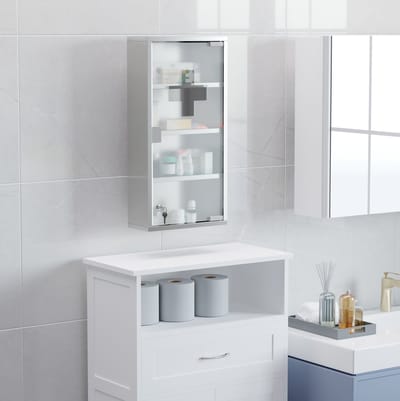 MEUNIQ medicijnkast wandkast 30 x 12 x 60 cm met slot, roestvrij staal, mat veiligheidsglas, tip-on deur, badkamer en EHBO-opslag, zilver