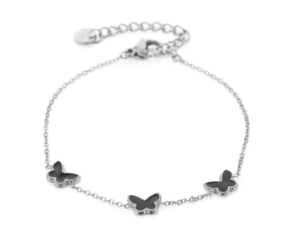 armband kleur zilver met 3 zwarte vlinders - stainless steel bracelet with butterfly - waterproof - cadeau moeder dochter