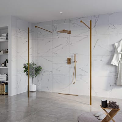 FugaFlow Eccelente Vetro Vrijstaande inloopdouche badkamer - 180x200cm - Helder - antikalk - 8mm veiligheidsglas - 2 zijwanden 30cm - met wandarmen en hoekprofielen - Koper geborsteld -