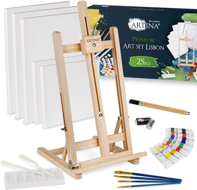 Artina premium tekenset 25-delig - inclusief tafelezel, 5x schildersdoek, acrylverf set, penselen en veel accessoires â€“ schilderij set Lissabon