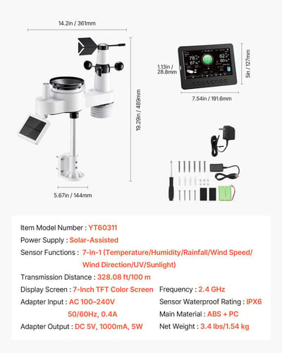 7-in-1 wifi-weerstation met 7-inch TFT-scherm, draadloze buitensensor op zonne-energie, regenmeter, voor binnen- en buitengebruik voor weersmonitoring, windsnelheid en -richting, temperatuur, vochtigheid en neerslag