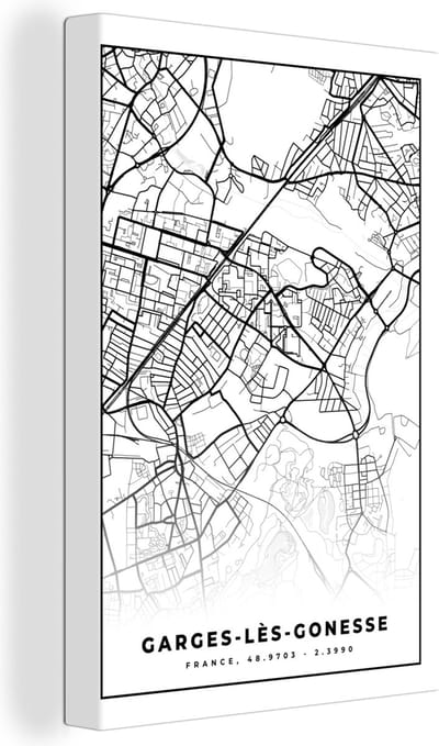 Canvas Schilderij Stadskaart - Plattegrond - Kaart - Garges-lès-Gonesse - Frankrijk - Zwart wit - 20x30 cm - Wanddecoratie