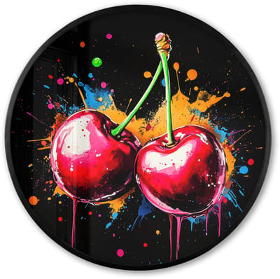 Poster in lijst Rond - Fotolijst 60x60 cm - Posters - Kersen - Fruit - Graffiti - Verf - Abstract - Modern - Kleurrijk - Ronde posterlijst zwart - Decoratie - Wanddecoratie woonkamer - Muurdecoratie slaapkamer