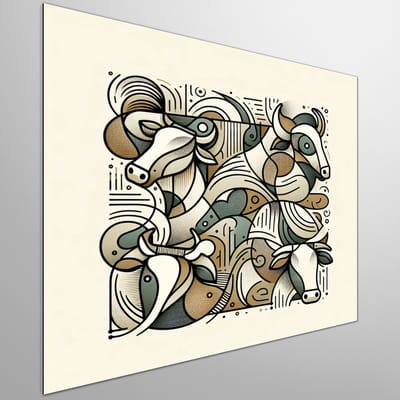 Abstract koeien schilderij | Verrassende landelijke verbeelding: abstracte koeien in kunstwerk | Kunst - 100x100 centimeter op Dibond | Foto op Dibond