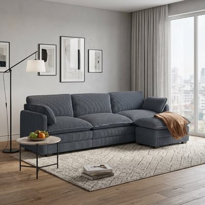Bealife AR88 3-zits bank - Modulaire bank – L-vorm, ribcord – Inclusief 3 kussens, 2 armleuningen en 1 verstelbaar voetenbankje – 244 cm breed – Donkergrijs