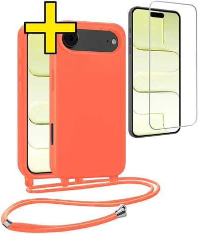 Hoesje Geschikt voor iPhone Air Hoesje Met Koord Met Screenprotector Siliconen Case - Hoes Geschikt voor iPhone Air Backcover Met Afneembaar Koord - Papaya