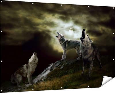 Gards Tuinposter Drie Huilende Wolven tijdens Volle Maan - 180x120 cm - Tuindoek - Tuindecoratie - Wanddecoratie buiten - Tuinschilderij