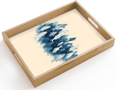 Dienblad hout 40x30 cm - Schootdienblad - Vissen - Minimalistisch - Blauw - Borrelplank rechthoek - Plateau dienbladen
