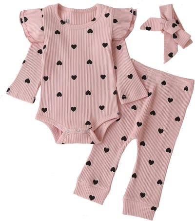 Geribbelde Romper en Broek Set met Lange Mouwen en Ruches voor Baby Meisjes
