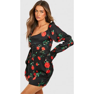 boohoo Dames Rose Print Korset Detail Mini Jurk | Black | Maat: 12
