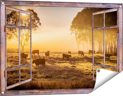 Gards Tuinposter Doorkijk Kudde Koeien in de Wei met Zonsopkomst - 90x60 cm - Tuindoek - Tuindecoratie - Wanddecoratie buiten - Tuinschilderij