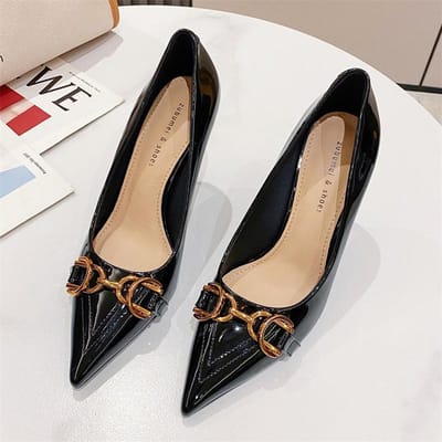 Koreaanse Stijl Paardenbit Gesp Pumps Dames Elegante Puntige Stiletto Hak Grote Maat Hoge Hakken Ondiepe Mond Lakleer Professionele Damesschoen 40 zwart