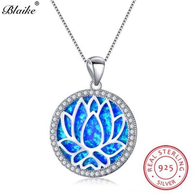 Blaike 925 Sterling Zilver Regenboog Lotusbloem Hangers Wit /Blauwe Vuur Opaal Geboortesteen Kettingen Voor Vrouwen Zirkoon Fijne Sieraden blue