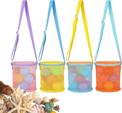 Thijox - 4 stuks mesh strandtas voor kinderen, strandschelpverzameltas, opvouwbare zandspeelgoedtas met ritssluiting en verstelbare schouderriem in 4