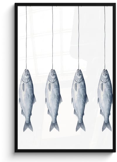 Poster in lijst - Fotolijst 80x120 cm - Posters - Vissen - Illustratie - Delfts - Blauw - Posterlijst zwart - Decoratie - Wanddecoratie woonkamer - Muurdecoratie slaapkamer