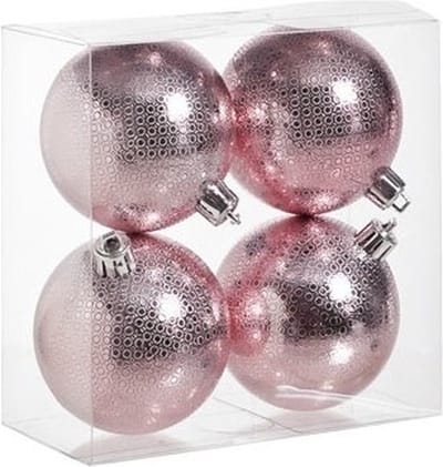 4x Roze kunststof kerstballen 8 cm - Cirkel motief - Onbreekbare plastic kerstballen - Kerstboomversiering roze