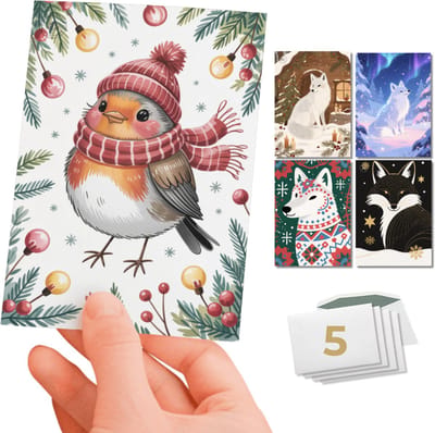 Inspra Studio – Luxe Kerstkaarten met Enveloppen – 5 Stuks – Dieren Wenskaarten Collectie – Mix van 5 Unieke Illustratiestijlen – Roodborstje