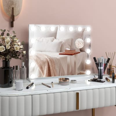MODFU - Kosmetikaspiegel Met Ledverlichting - Dimbaar En Touchbediening - Wand Of Tafel - Metaal - Wit - 58 X 48 Cm