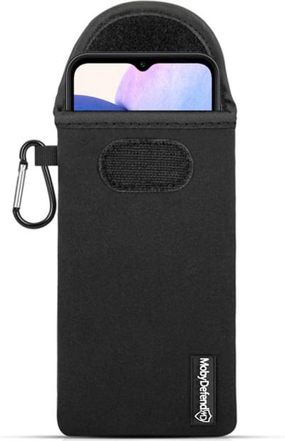 MobyDefend Hoesje - Geschikt voor Samsung Galaxy A14 - Neopreen Pouch Met Karabijnhaak - Insteek - Riemlus - Zwart