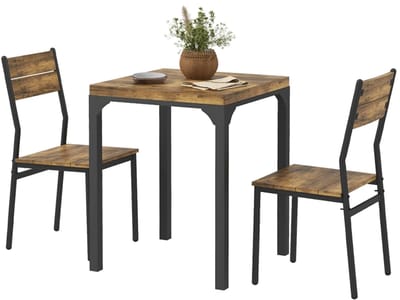 3-delige Eethoekset Rustiek Bruin 60x60x76 cm, 1 Eettafel en 2 Stoelen van MDF en Metaal, Compact Keuken- en Ontbijtset voor 2 Personen met Stalen Frame, Geschikt voor Woonkamer, Keuken, Café en Kleine Ruimtes