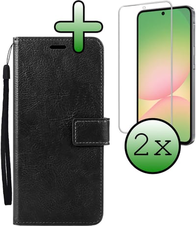 Hoesje Met 2x Screenprotector - Geschikt voor Samsung Galaxy A56 - Luxe Pasjeshouder - Bookcase Portemonee - Flip Case - Kunstleer Book Case - Flipcase Hoes - Book Cover - Walletcase - Portemonneehoes - Zwart