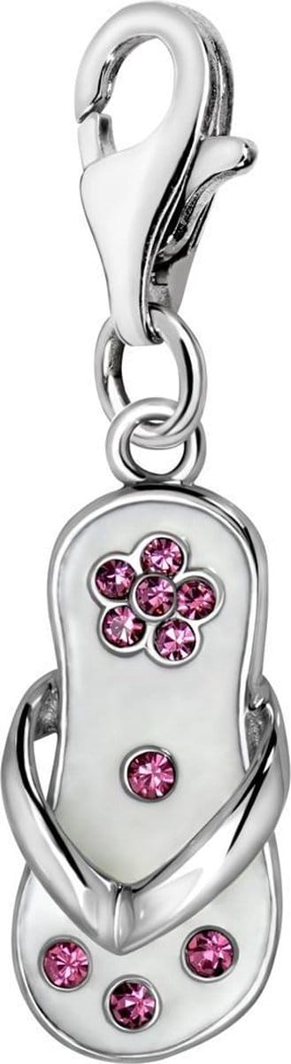 Quiges – 925 - Zilver – Charm - Bedel - Hanger - Slipper Wit met Roze Zirkonia Bloem - met – sterling - zilver - karabijnslot - geschikt - voor - Bedelarmband HC213