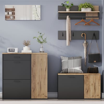 VVBV Garderobeset 5-in-1 met Spiegel – 2x Schoenenkast en Kapstok met 4 Haken en Wandplank – Halmeubel met Lade en Opbergruimte – Zwart met Hout Bruin 85/80 cm