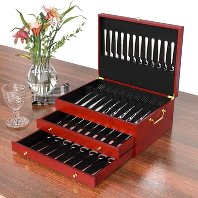 Zilverwerk Opbergdoos - Bestek Kist - Keuken Ordenen - Drielaags Design - 15 Inch - Houtkleur