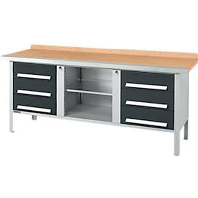 Box-type werkbank Schäfer Shop Select PW 200-2, beuken multiplex blad, met stalen rand, tot 750 kg, B 2000 x D 700 x H 840 mm, antraciet