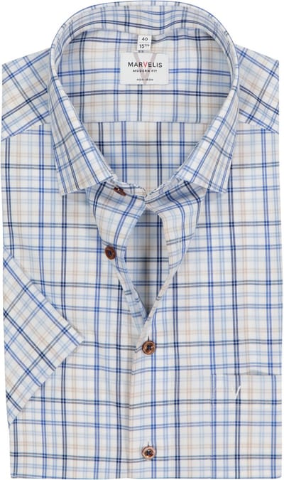 MARVELIS modern fit overhemd - korte mouw - popeline - wit met blauw en beige geruit - Strijkvrij - Boordmaat: 44 (EU maat: XL)