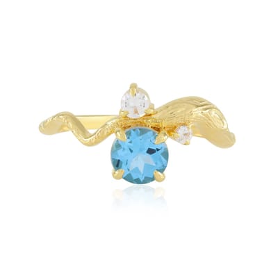 Cavill - Vergulde 925 Sterling Zilveren Ring - Zwitsers Blauwe Topaas 0,964 ct Rond - Cambodjaanse Zirkonia's - Elegante Stijlvolle Ring