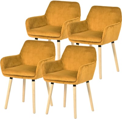 Meubles Cosy Eetkamerstoel - Set Van 4 Fluweel Ribstof Houten Poten Scandinavisch Design - Geel