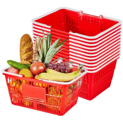 VEVOR Boodschappenmand, 12 stuks, 21 L, PE-kunststof draagmand met handvatten, universele mand, draagvermogen tot 9,07 kg, picknickmand voor levensmiddelen, detailhandel, winkels, supermarkten, thuisgebruik, rood