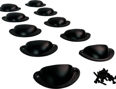 MGM Trading 10 Pack Shell Cup Pull Handgrepen Zwart IJzer Half Maan Vintage Keukenkast Lade Deurkast Handgrepen Meubelknoppen met schroeven, 8,2 cm x 3,5 cm