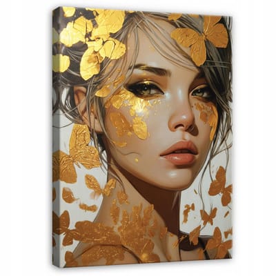 WALLARENA - Schilderij op canvas - 100x70 cm - abstracte vrouw in goud glamour - Geschikt voor slaapkamer en woonkamer
