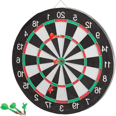 Dartbord X2 met 6 pijlen 43 cm - Dubbelzijdig klassiek dartbord voor thuis - Tuin steeldarts zwart-wit Dartbord