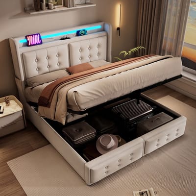 VVBV Gestoffeerd Opbergbed 140x200 cm - LED, USB-C, Hydraulische Opbergruimte, Lattenbodem, Metaalframe, Beige, Zonder Matras