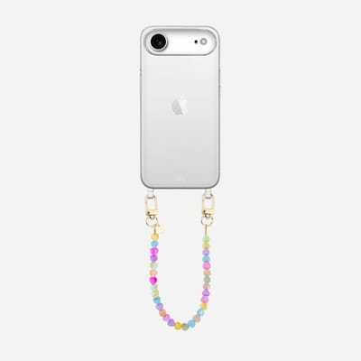 xoxo Wildhearts siliconen hoesje - Geschikt voor iPhone 17 Air hoesje - Shell Hearts (short) - Telefoonhoesje - Hoesje met koord - gekleurde hartjes - Kort koord - Transparant hoesje met telefoonkoord - Regenboog / Meerkleurig