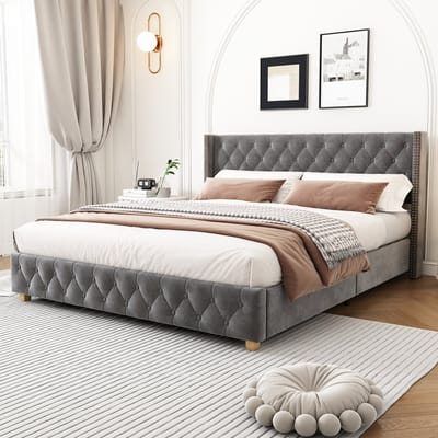 Wishdor Gestoffeerd Bed 180x200 cm – Klassiek Grijs Fluweel met Knopstiksel – Inclusief Lattenbodem