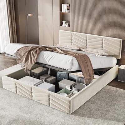 Tweepersoonsbed 140 x 200 cm met Opbergruimte en Lattenbodem – Verstelbare Hoofdeinde – Dubbel Gestoffeerd – Beige